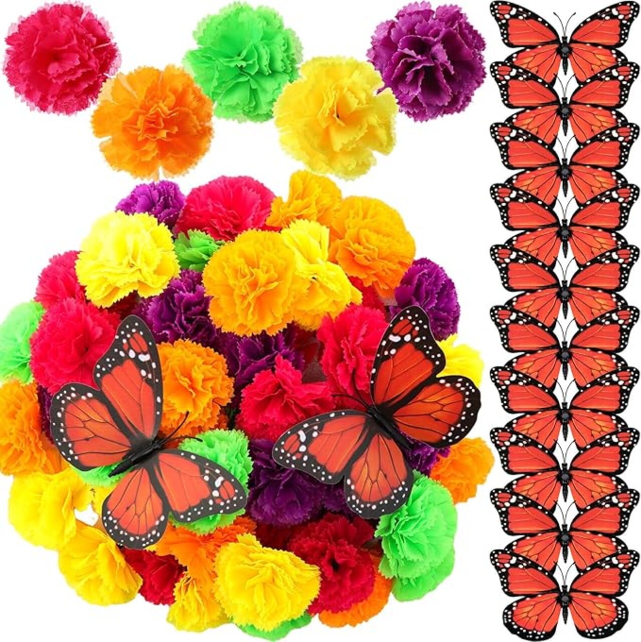 50 Pieces Marigold Flower Heads and 12 Monarch Butterfly for Dia De Los Muertos Decorations Diwali Indian Home DIY Wreath Garland Craft Halloween Day of The Dead Decorations(Multicolor)